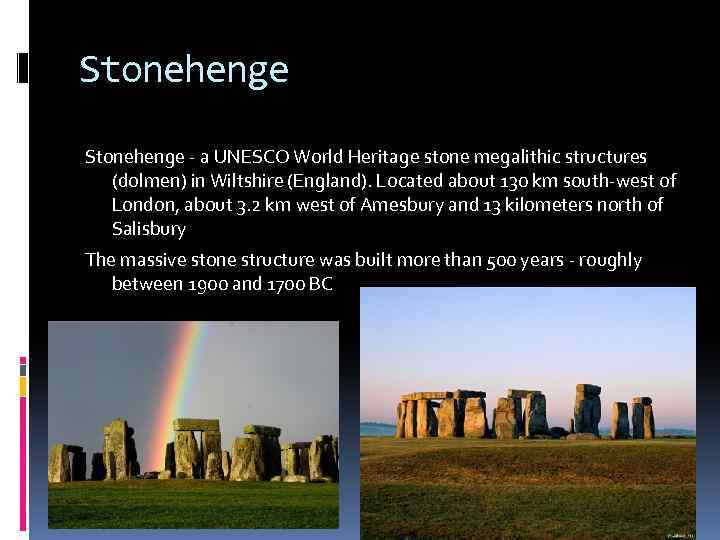 Stonehenge - a UNESCO World Heritage stone megalithic structures (dolmen) in Wiltshire (England). Located