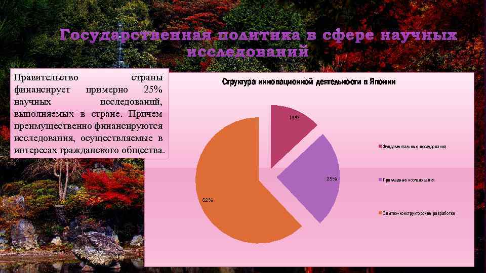 Государственная политика в сфере научных исследований Правительство страны финансирует примерно 25% научных исследований, выполняемых