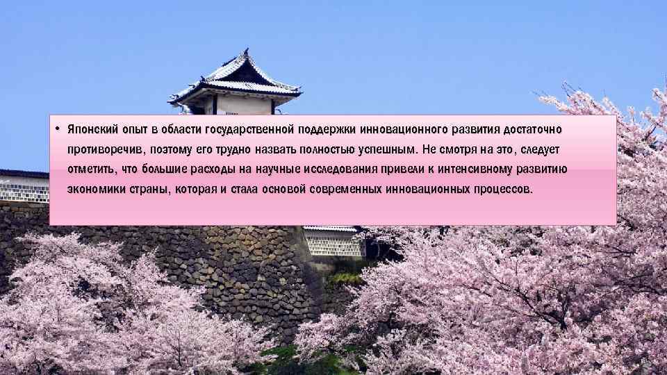  • Японский опыт в области государственной поддержки инновационного развития достаточно противоречив, поэтому его