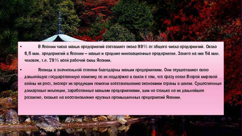  • В Японии число малых предприятий составляет около 99% от общего числа предприятий.