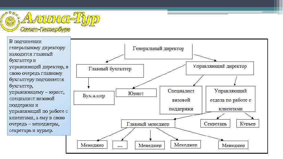 В подчинении генеральному директору находится главный бухгалтер и управляющий директор, в свою очередь главному