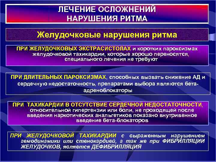 ЛЕЧЕНИЕ ОСЛОЖНЕНИЙ НАРУШЕНИЯ РИТМА Желудочковые нарушения ритма ПРИ ЖЕЛУДОЧКОВЫХ ЭКСТРАСИСТОЛАХ и коротких пароксизмах желудочковой