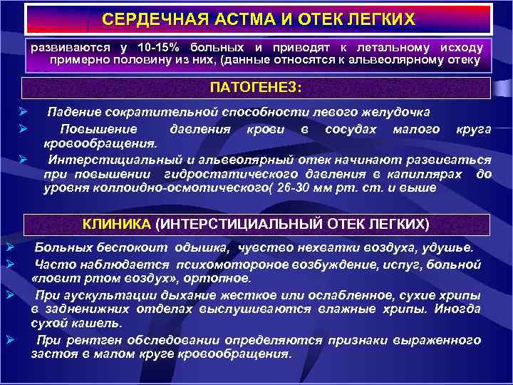 СЕРДЕЧНАЯ АСТМА И ОТЕК ЛЕГКИХ развиваются у 10 15% больных и приводят к летальному