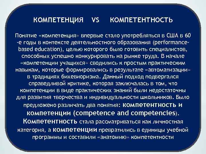 КОМПЕТЕНЦИЯ VS КОМПЕТЕНТНОСТЬ Понятие «компетенция» впервые стало употребляться в США в 60 -е годы