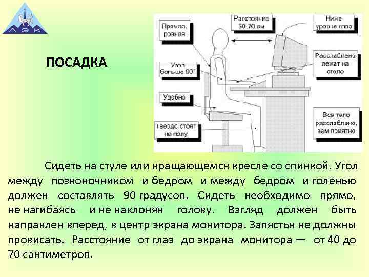 ПОСАДКА Сидеть на стуле или вращающемся кресле со спинкой. Угол между позвоночником и бедром