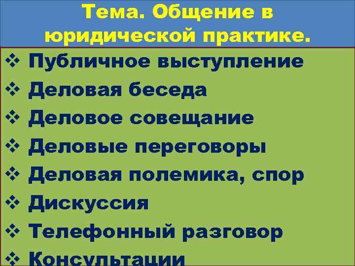 v v v v Тема. Общение в юридической практике. Публичное выступление Деловая беседа Деловое