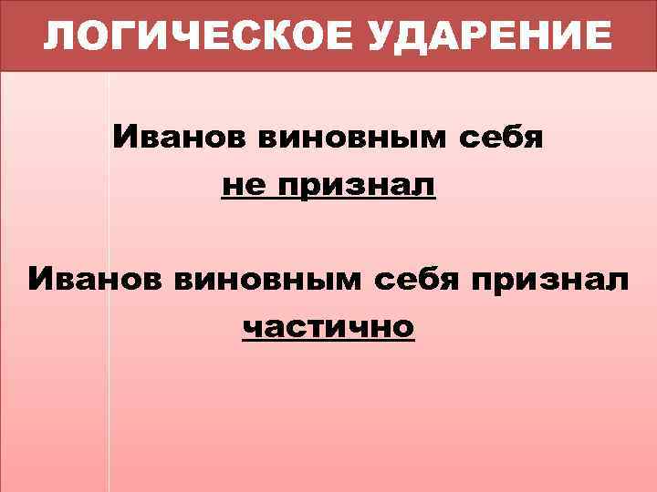 ЛОГИЧЕСКОЕ УДАРЕНИЕ Иванов виновным себя не признал Иванов виновным себя признал частично 