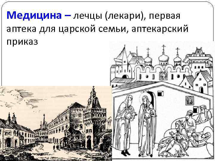 Медицина – лечцы (лекари), первая аптека для царской семьи, аптекарский приказ 