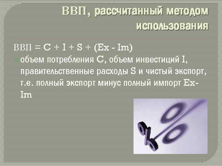 ВВП, рассчитанный методом использования ВВП = C + I + S + (Ex -