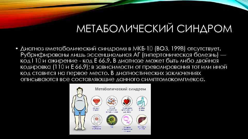 МЕТАБОЛИЧЕСКИЙ СИНДРОМ • Диагноз «метаболический синдром» в МКБ-10 (ВОЗ, 1998) отсутствует. Рубрифированы лишь эссенциальная