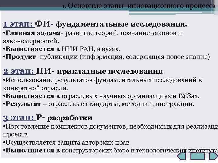 1. Основные этапы инновационного процесса 1 этап: ФИ- фундаментальные исследования. • Главная задача- развитие