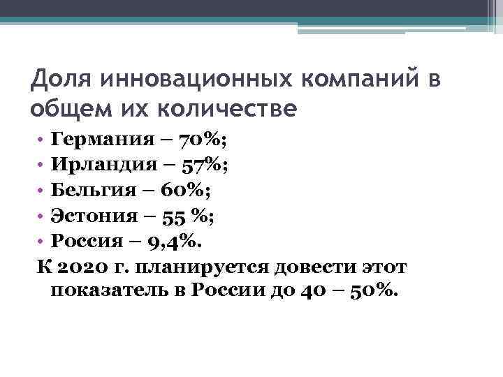 Доля инновационных компаний в общем их количестве • Германия – 70%; • Ирландия –