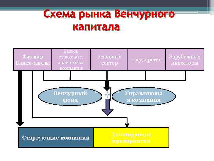 Схема рынка Венчурного капитала Физ. лица Бизнес - ангелы Банки, страховые, лизинговые компании Венчурный