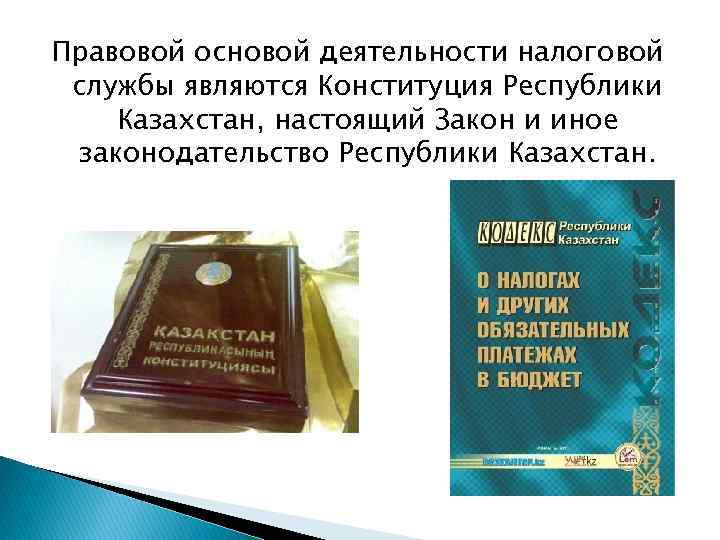 Правовой основой деятельности налоговой службы являются Конституция Республики Казахстан, настоящий Закон и иное законодательство