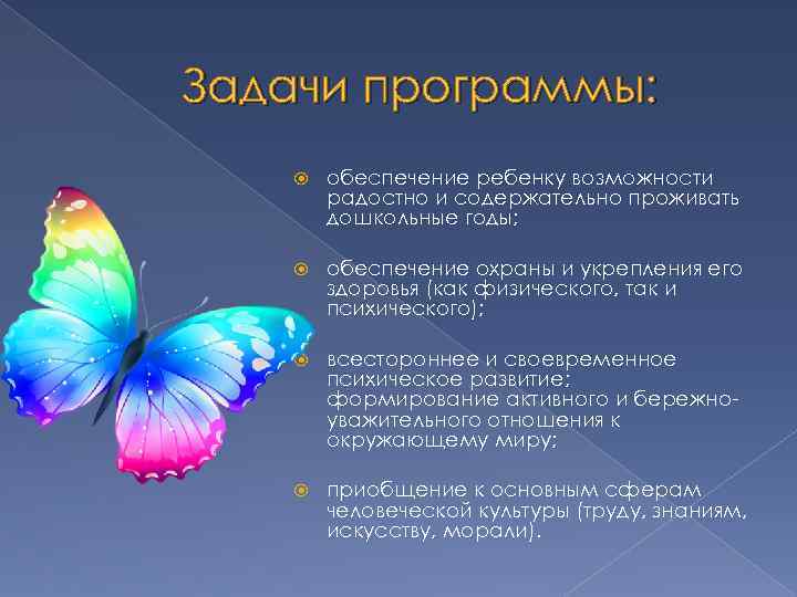 Задачи программы: обеспечение ребенку возможности радостно и содержательно проживать дошкольные годы; обеспечение охраны и