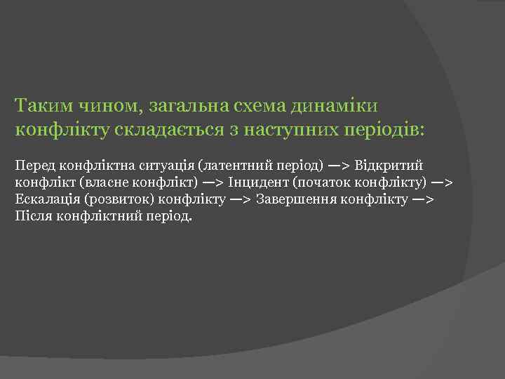 Таким чином, загальна схема динаміки конфлікту складається з наступних періодів: Перед конфліктна ситуація (латентний