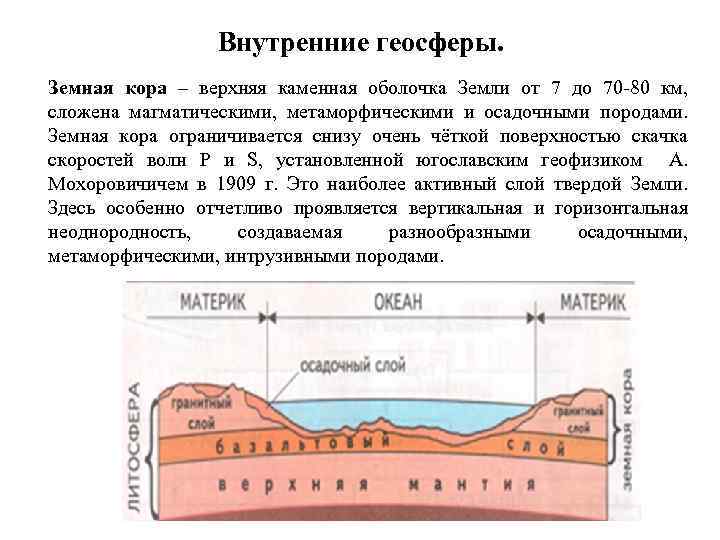 Внутренние геосферы. Земная кора – верхняя каменная оболочка Земли от 7 до 70 80