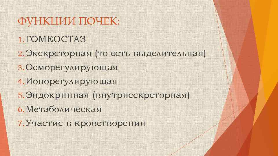ФУНКЦИИ ПОЧЕК: 1. ГОМЕОСТАЗ 2. Экскреторная (то есть выделительная) 3. Осморегулирующая 4. Ионорегулирующая 5.