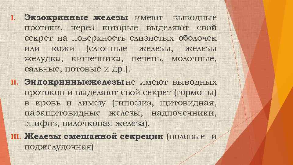 I. Экзокринные железы имеют выводные протоки, через которые выделяют свой секрет на поверхность слизистых
