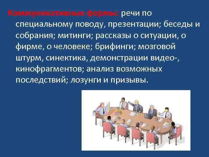 Коммуникативные формы: речи по специальному поводу, презентации; беседы и собрания; митинги; рассказы о ситуации,