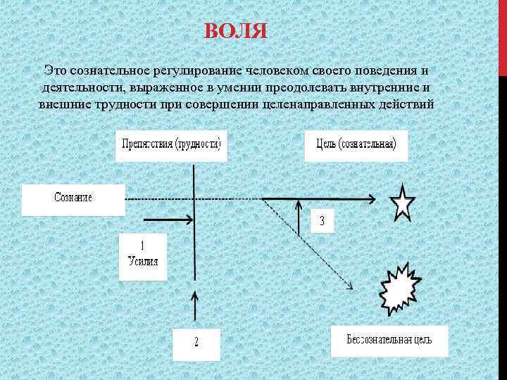 ВОЛЯ Это сознательное регулирование человеком своего поведения и деятельности, выраженное в умении преодолевать внутренние