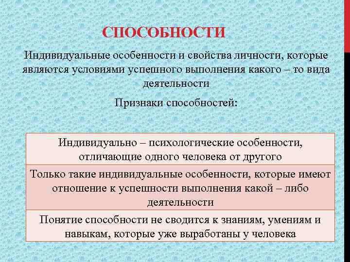 СПОСОБНОСТИ Индивидуальные особенности и свойства личности, которые являются условиями успешного выполнения какого – то