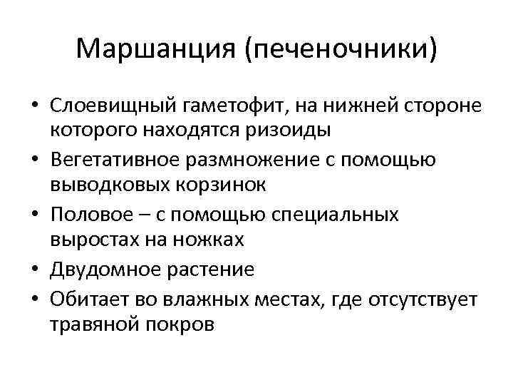 Маршанция (печеночники) • Слоевищный гаметофит, на нижней стороне которого находятся ризоиды • Вегетативное размножение