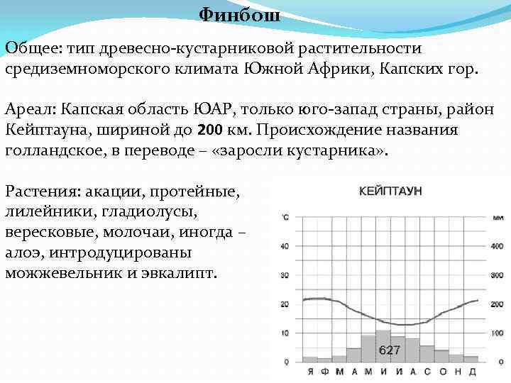 Финбош Общее: тип древесно-кустарниковой растительности средиземноморского климата Южной Африки, Капских гор. Ареал: Капская область