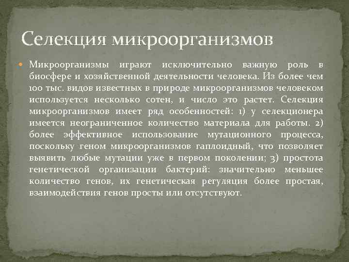 Селекция микроорганизмов Микроорганизмы играют исключительно важную роль в биосфере и хозяйственной деятельности человека. Из