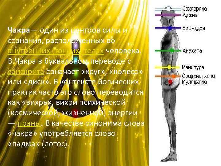 Чакра— один из центров силы и сознания, расположенных во внутренних (тонких) телах человека. В.