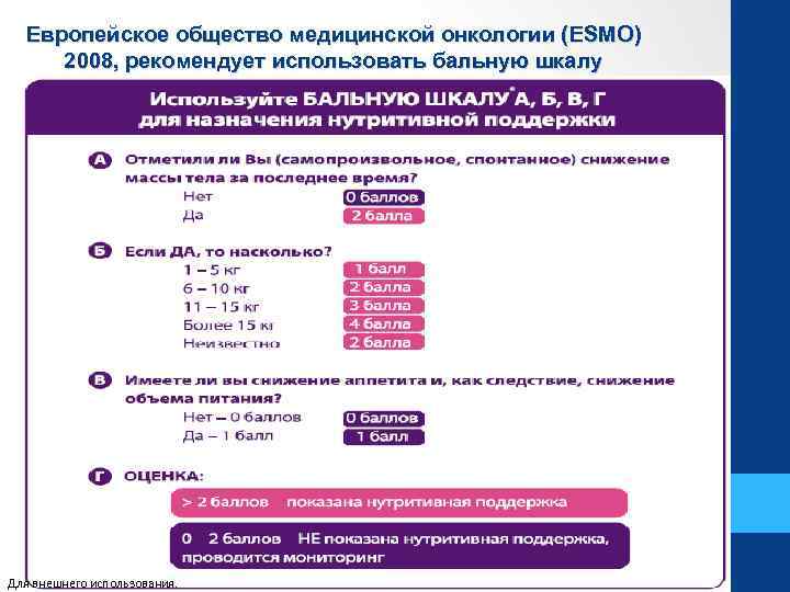 Европейское общество медицинской онкологии (ESMO) 2008, рекомендует использовать бальную шкалу Для внешнего использования. 