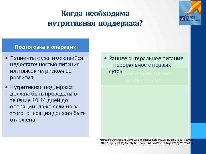 Когда необходима нутритивная поддержка? Подготовка к операции • Пациенты с уже имеющейся недостаточностью питания