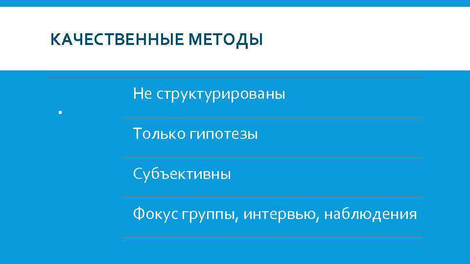 КАЧЕСТВЕННЫЕ МЕТОДЫ . Не структурированы Только гипотезы Субъективны Фокус группы, интервью, наблюдения 