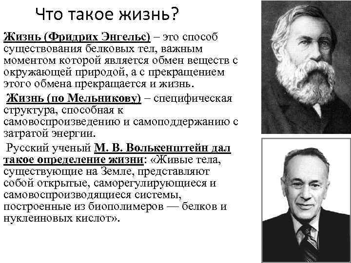 Что такое жизнь? Жизнь (Фридрих Энгельс) – это способ существования белковых тел, важным моментом