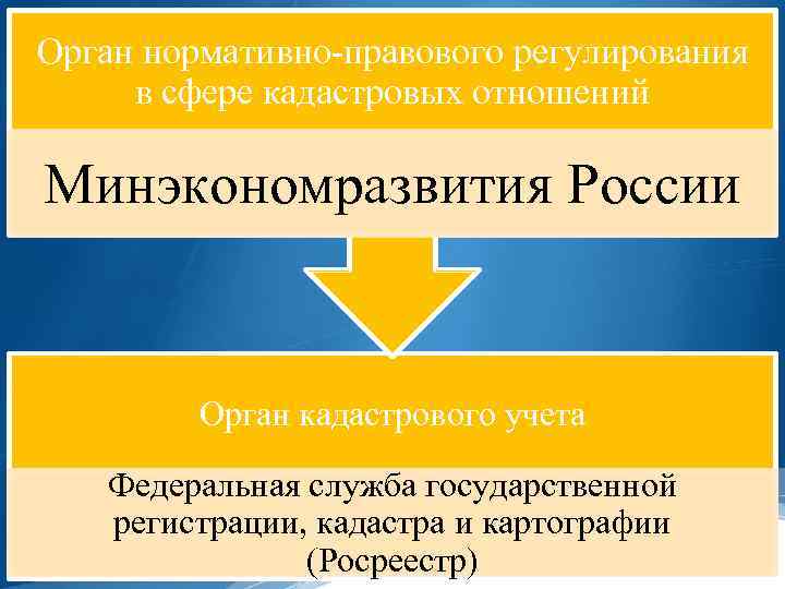 Орган нормативно-правового регулирования в сфере кадастровых отношений Минэкономразвития России Орган кадастрового учета Федеральная служба