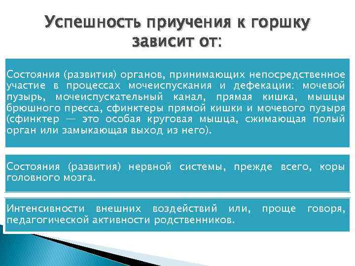 Успешность приучения к горшку зависит от: Состояния (развития) органов, принимающих непосредственное участие в процессах