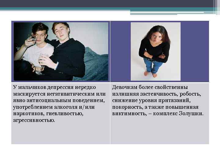 У мальчиков депрессия нередко маскируется негативитическим или явно антисоциальным поведением, употреблением алкоголя и/или наркотиков,