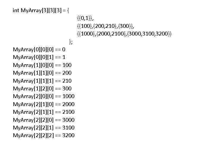 int My. Array[3][3][3] = { {{0, 1}}, {{100}, {200, 210}, {300}}, {{1000}, {2000, 2100},