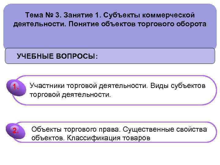 Тема № 3. Занятие 1. Субъекты коммерческой деятельности. Понятие объектов торгового оборота УЧЕБНЫЕ ВОПРОСЫ: