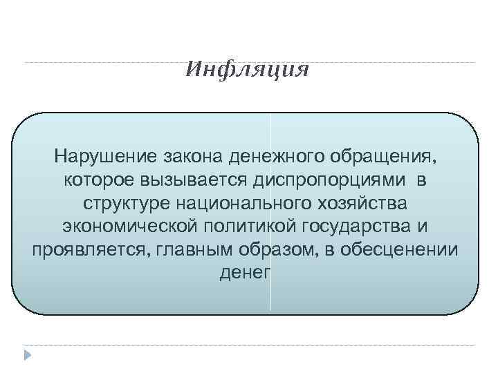 Инфляция Нарушение закона денежного обращения, которое вызывается диспропорциями в структуре национального хозяйства экономической политикой