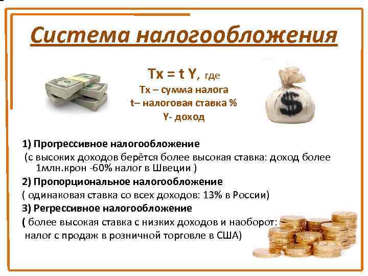 Система налогообложения Tx = t Y, где Tx – cумма налога t– налоговая ставка