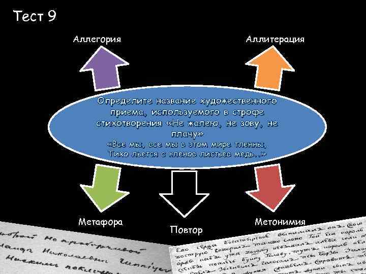 Тест 9 Аллегория Аллитерация Определите название художественного приема, используемого в строфе стихотворения «Не жалею,
