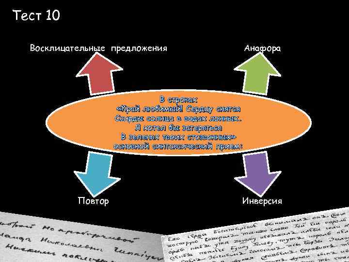 Тест 10 Восклицательные предложения Анафора В строках «Край любимый! Сердцу снятся Скирды солнца в