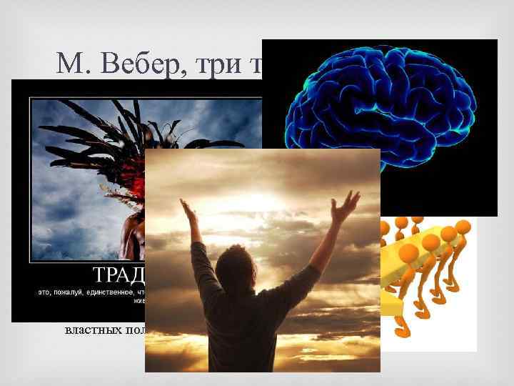 М. Вебер, три типа лидерства: Традиционное - механизм традиций, ритуалов, сила привычки; Харизматическое -