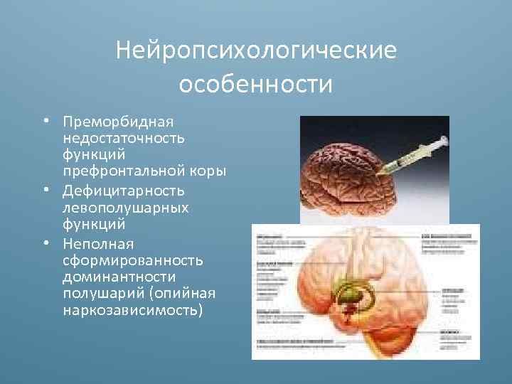 Нейропсихологические особенности • Преморбидная недостаточность функций префронтальной коры • Дефицитарность левополушарных функций • Неполная