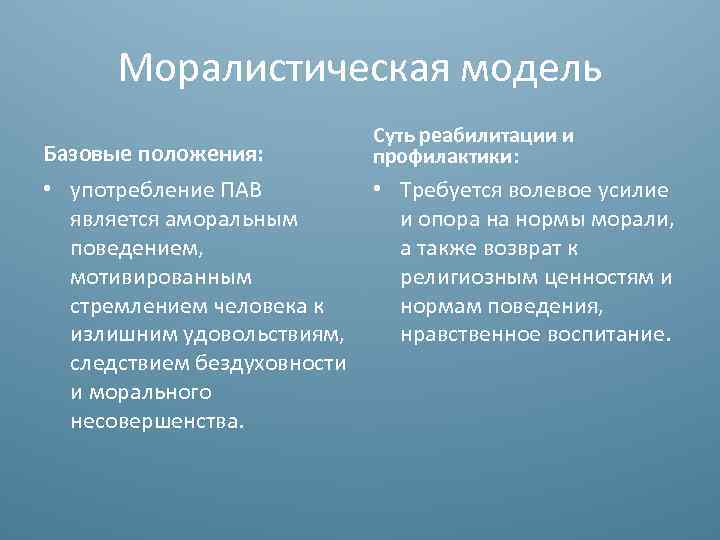 Моралистическая модель Базовые положения: • употребление ПАВ является аморальным поведением, мотивированным стремлением человека к