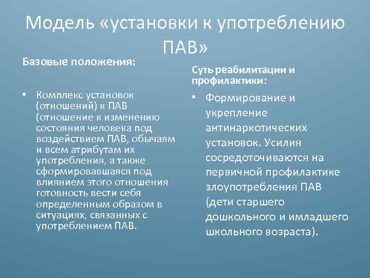 Модель «установки к употреблению ПАВ» Базовые положения: • Комплекс установок (отношений) к ПАВ (отношение