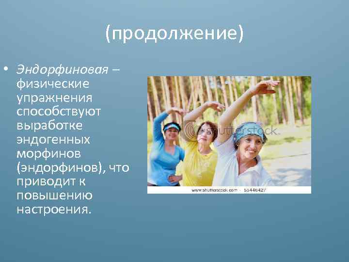 (продолжение) • Эндорфиновая – физические упражнения способствуют выработке эндогенных морфинов (эндорфинов), что приводит к