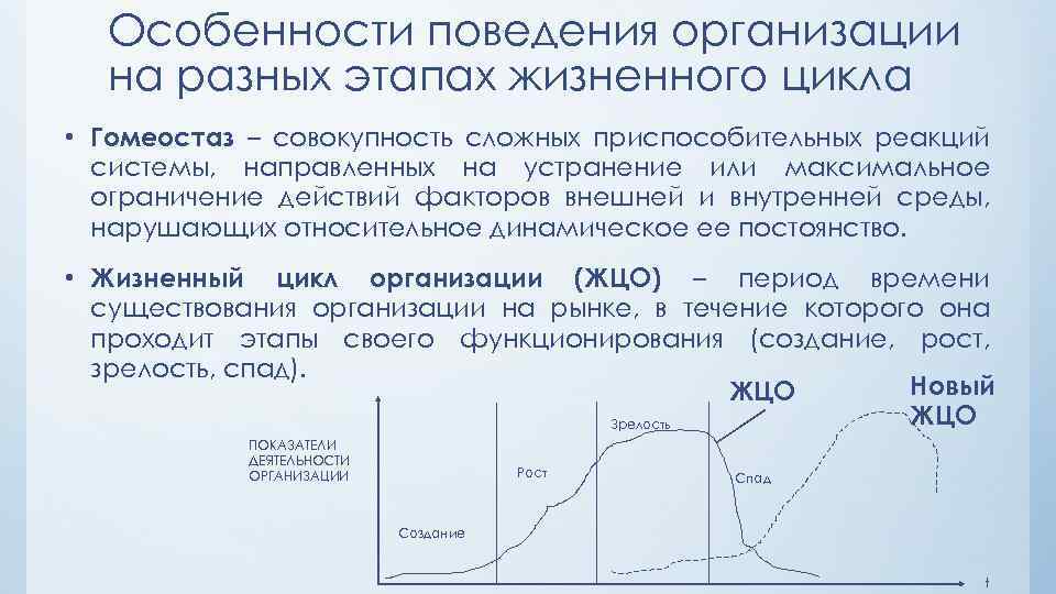 Особенности поведения организации на разных этапах жизненного цикла • Гомеостаз – совокупность сложных приспособительных