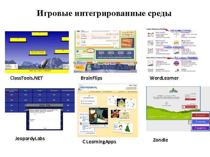 Игровые интегрированные среды Class. Tools. NET Jeopardy. Labs Brain. Flips С Learning. Apps Word.